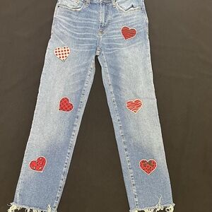 Kensie Light Blue Straight Leg Jeans with Red Heart Patches